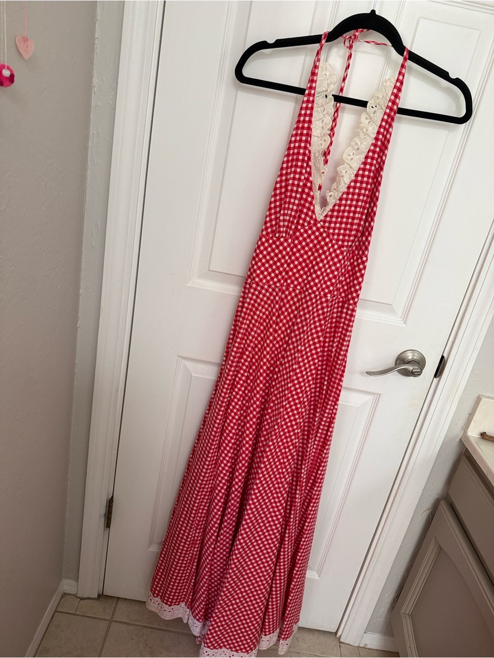 Vintage Georgie Kayloun Red/White Gingham Floral Trim Halter Maxi Sweeping Skirt